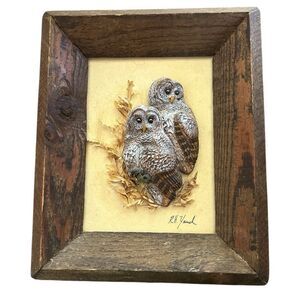 Vintage Handmade Carved & Painted Wooden 3D Owl Wall Art Framed Artist Signed